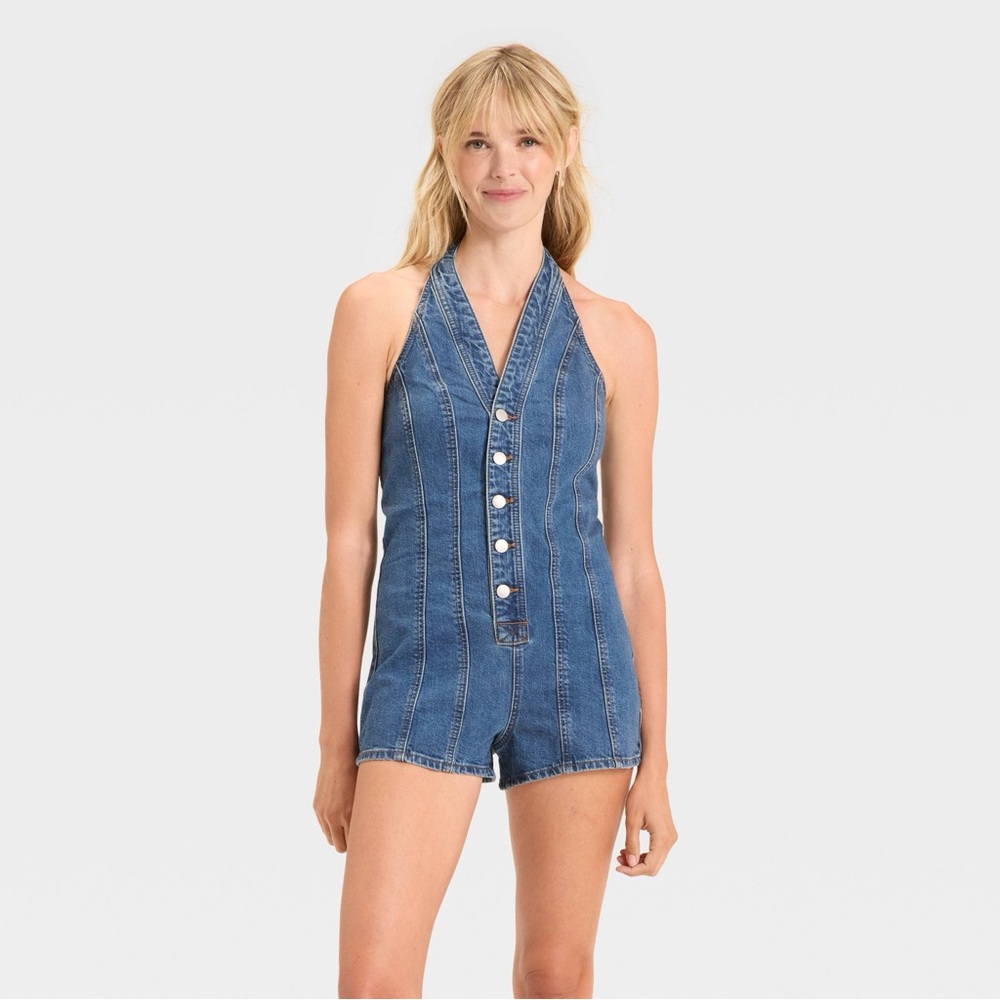 NWT Sz 12 Women's Halter Denim Jean Romper - Universal Thread - Medium Wash